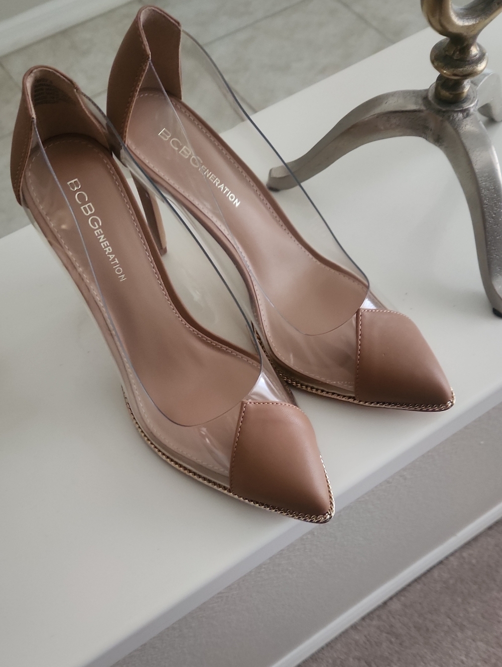 BCBGeneration Clear Panel Pointed Toe Pumps in Nude/Tan